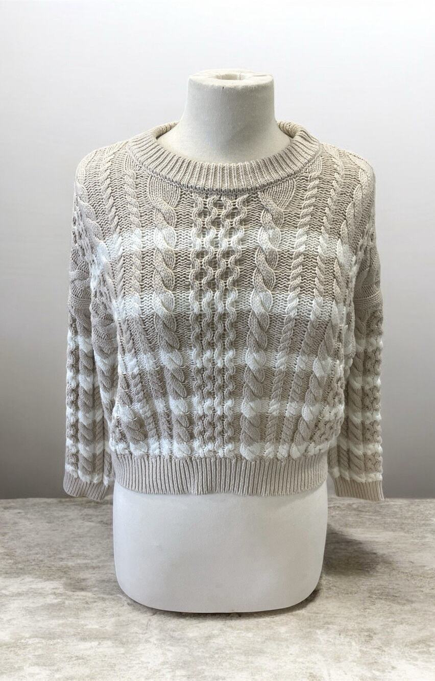 Jessica Simpson Cropped Chunky Cable Knit Sweater Women’s Sz Small Beige/White